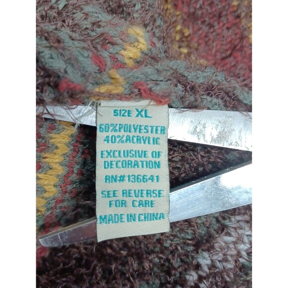 Vtg Rockin'C Southwestern Fuzzy Funky Geometric Brown Sweater Brown Fringed XL - Picture 7 of 8